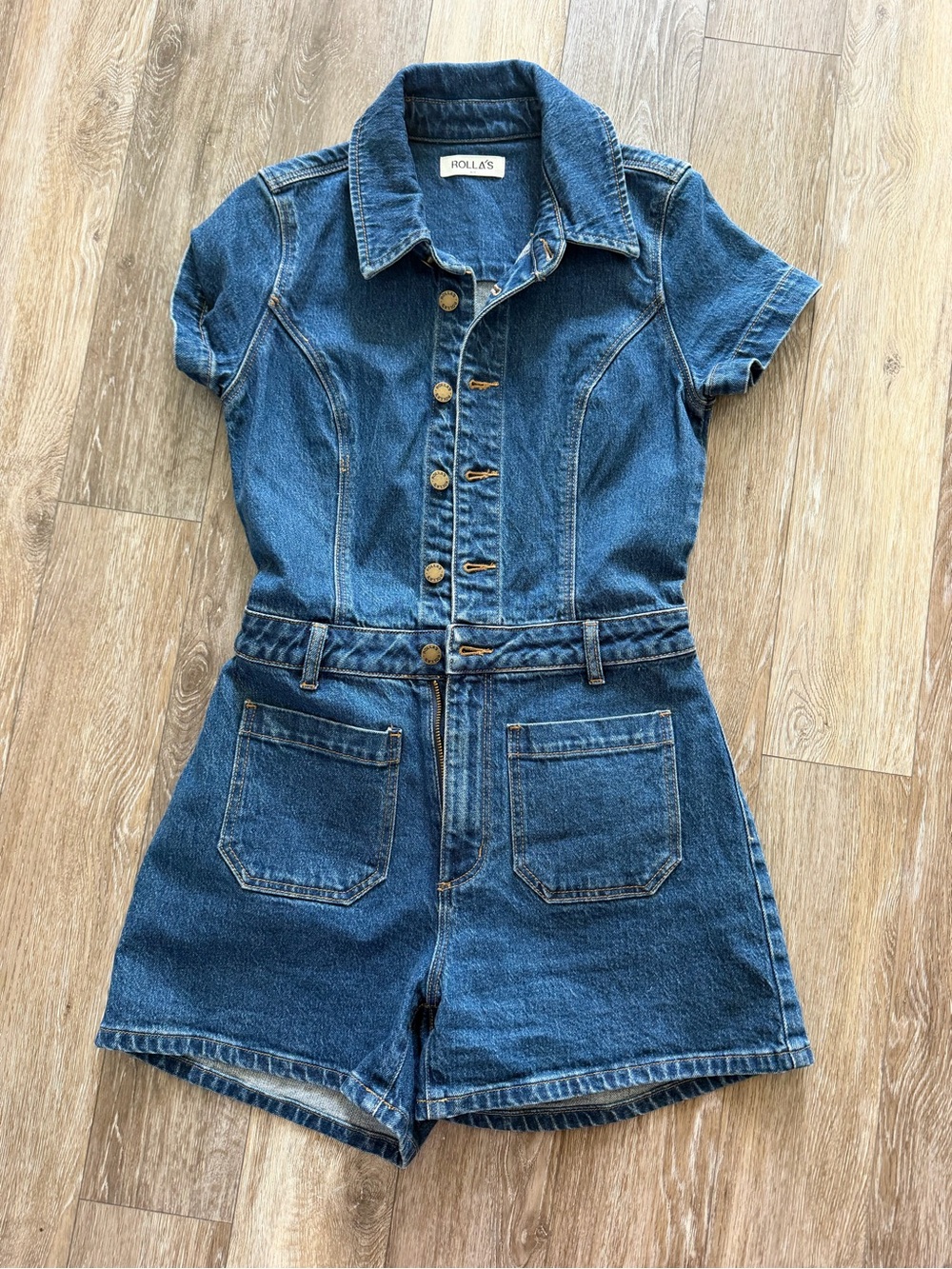 ROLLA'S Dark Blue Denim Short-Sleeve Romper with Patch Pockets , Sz8/Small